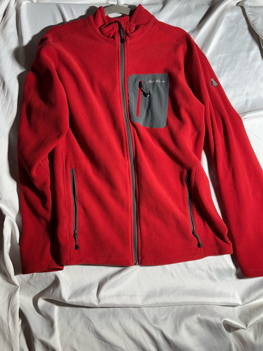 Eddie Bauer Red Full-Zip Lightweight Fleece with Gray Chest Pocket